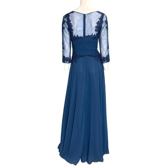 Marsoni By Colors Sheer Sleeve Embroidered Lace Bodice Gown Blue Size 6 NWT - Picture 4 of 6